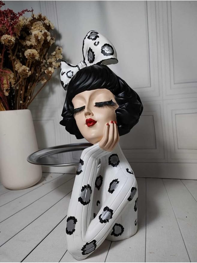 Serving Tray Girl Figurine White & Silver Leopard Design Decorative Platter Polyester Accent piece, 13.4 x 10.6 Inch - Multicolor, One Size