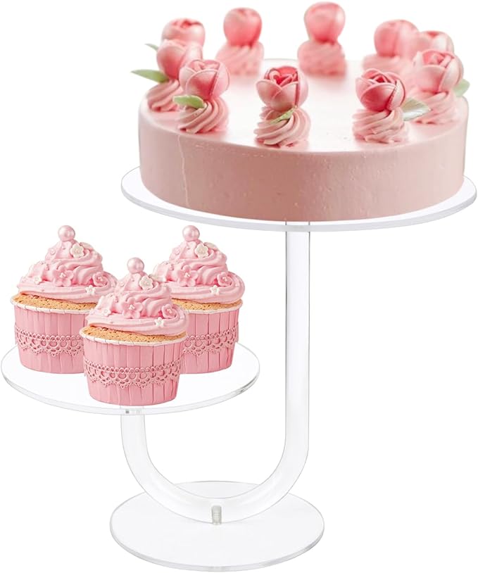 2 Tier Cake Stand Acrylic Cupcake Holder - Premium Dessert Display Stands for Dessert Table - Clear Cupcake and Cake Stand Combo for Weddings, Parties, Events, Decorations - Diameter 6" and 8"
