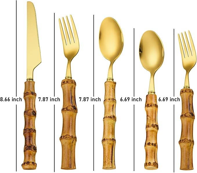 40-piece bamboo flatware cutlery set for 8, gold bamboo handle silverware set, 18/8 stainless steel cutlery set reusable with forks and spoons, dishwasher safe