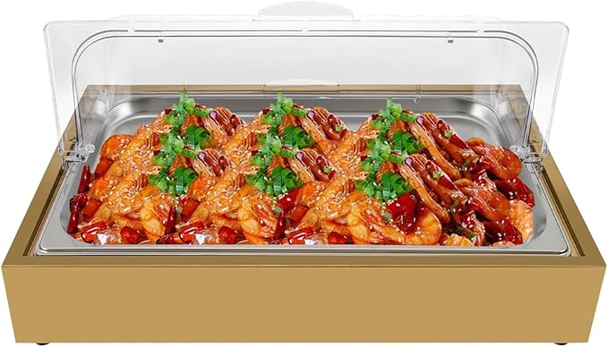 Countertop Ice Food Serving Display Tray with Clear Roll Top, 6L Chilled Serving Tray, Cold Serving Cooler Platter, Cooling Food Dishes Display Plate Case for Party (Double-Grid/Gold)