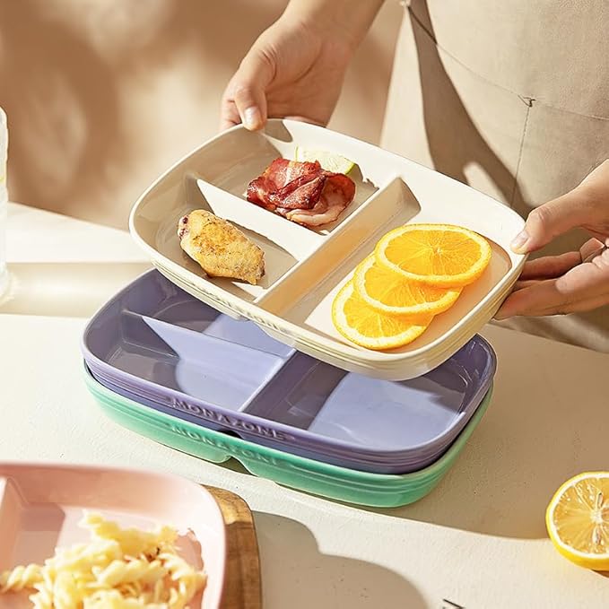 Portion Control Plate for Weight Loss, Ceramic Divided Plates with 3 Compartments for Adults and Kids, Dishwasher and Microwave Safe (Purple)