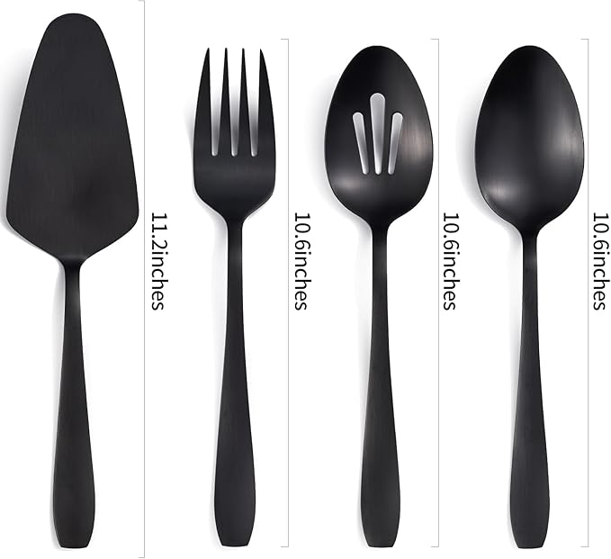 Matte Black Serving Set, 4-Piece Stainless Steel Large Hostess Set Include Slotted Spoon Serving Spoon Serving Fork and Cake Server, Ideal for Buffets, Home, Gatherings, Restaurant
