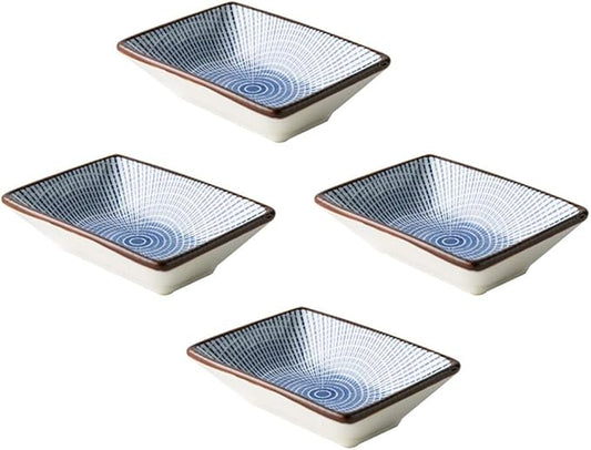 Colias Wing 3.5" Simple Blue Stripes with Brown Edge Stylish Design Multipurpose Porcelain Side Dish Bowl Seasoning Dishes Soy Dipping Sauce Dishes-Set of 4-White-Rectangle