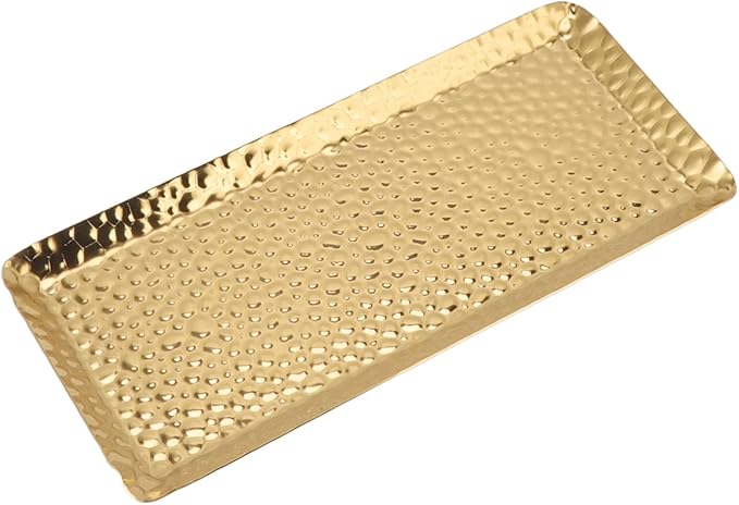 Dioche 4x12 SilvStylish 25x11cm Hammered Stainless Steel Serving Tray - Multipurpose for Desserts, Fruits & Refreshments - Dishwasher Safe Elegance for Home & Restaurant (Gold)