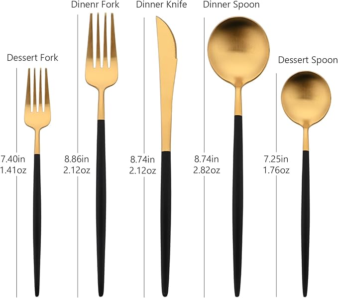 Stainless Steel Mirror Polished Gold Flatware Set, Steak Knife Dinnerware Knife Fork Salad Fork Dessert Spoon 5-piece, Service for 1