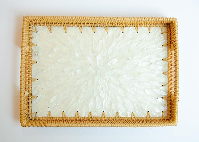 Magenta & Teal Decorative Rectangle Rattan Serving Tray 13x9 inch Mother of Pearl Inlay, Wicker Coffee Table Decor, Farmhouse (Silver White)