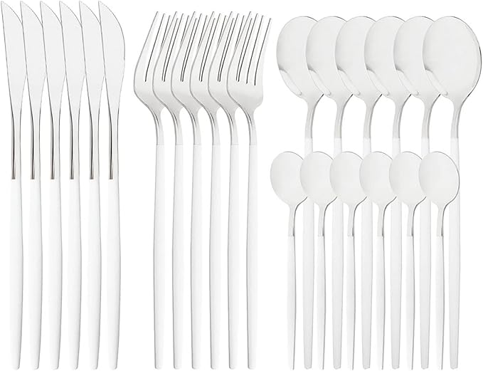 Mirror Cutlery Serving Set, 24-piece 18/0 Stainless Steel Silverware With White Handle Simple & Modern Tableware For Home Party Restaurant Christmas Dinner, Service For 6 (White Silver)