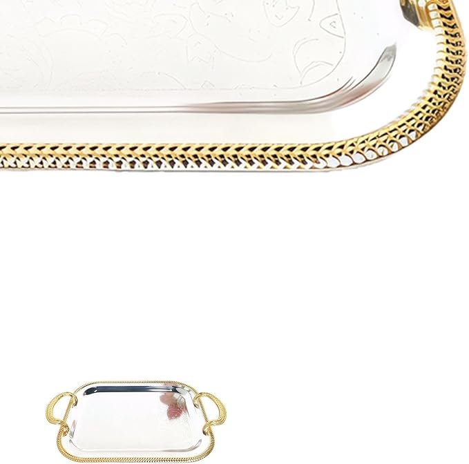 Rectangular Serving Tray Silver with Handles for Parties, Large Metal Tray for Serving Food and Drinks, European Style Tray