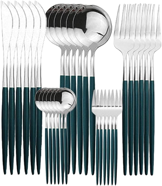 Silverware Set,Gugrida 30-Piece Stainless Steel Flatware Cutlery Set for 6，Green and Silver Reusable Kitchen Tableware Utensil Set with Spoons/Knives/Forks，for Dinner Party Gift