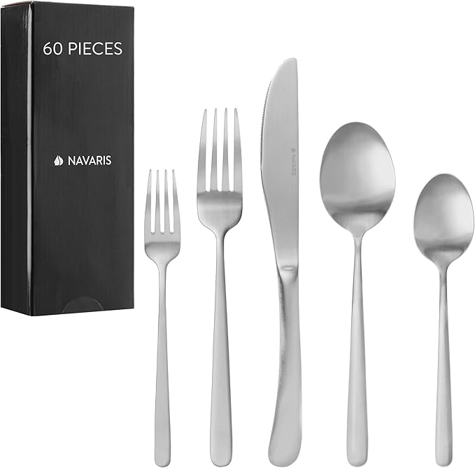Navaris Silverware Set - 60-Piece 18/0 Stainless Steel Kitchen Cutlery Sets with Satin Silver Finish - Versatile Dinner Knives and Forks and Spoons Dinner Set for 12 People