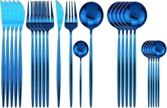 Blue Silverware Set, 24-Piece Stainless Steel Flatware Set Service For 6, Mirror Polished Tableware Cutlery Set Knife Fork And Spoon For Home & Restaurant, Dishwasher Safe