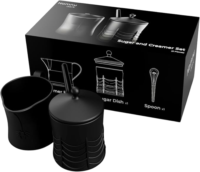 New - Nomnu Black Spiderweb Sugar and Creamer Set. Ceramic Sugar Bowl with Lid and Spoon, and Creamer Pitcher. Gothic Decor, Perfect for Goth Lovers, Includes Spider-Embossed Design