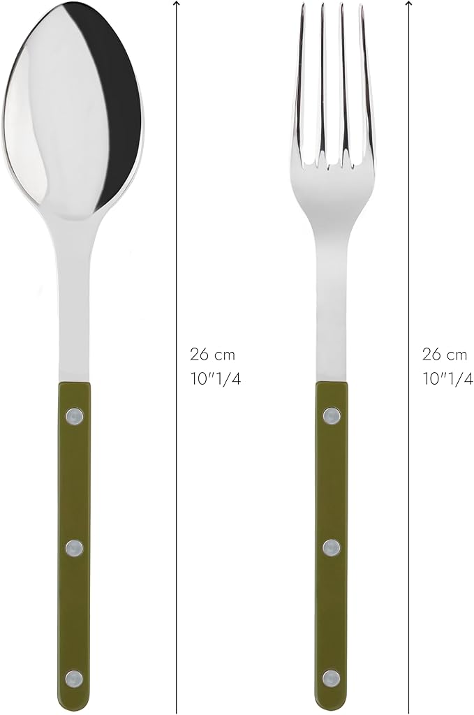 SABRE PARIS - 2-Piece Serving Set - Bistrot Collection - Large Fork & Large Spoon - Stainless Steel & Nylon - Dishwasher Safe - Fern Green - Brilliant Finish