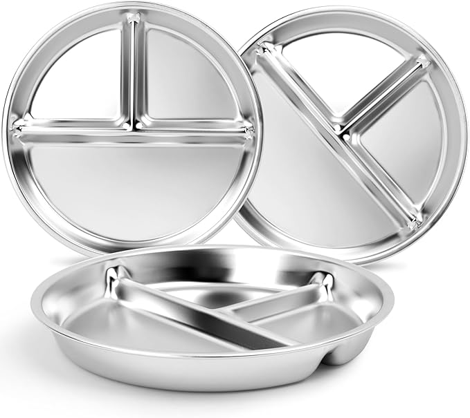 Stainless Steel Kids Plates 3 Packs, Deepened 9" Portion Control Plate Divided Plate for Toddlers Bigger Appetite, Non Toxic Unbreakable Metal Lunch Dishes