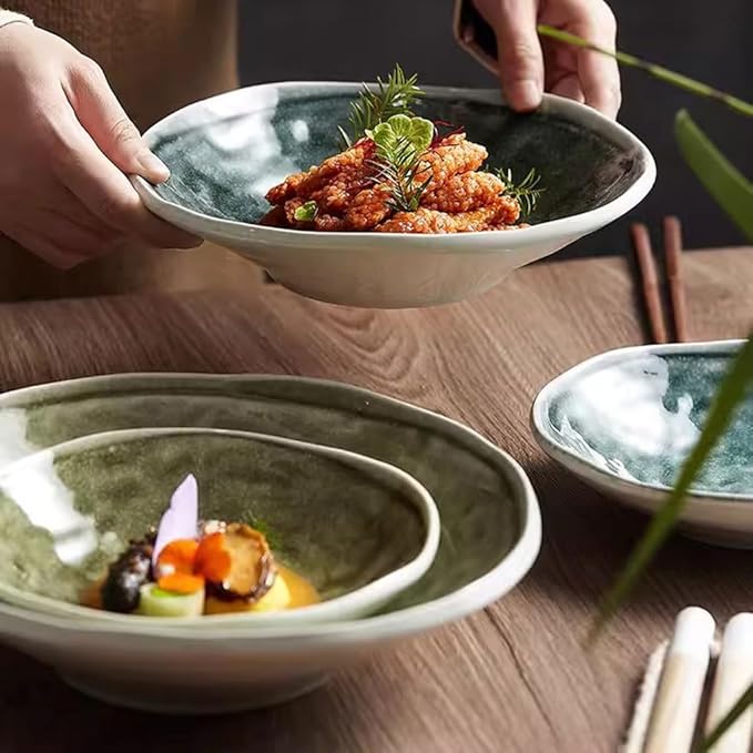 SONGCHAO Party Supplies Ceramic Irregular Dinner Plate Household Kiln Deep Soup Plate Commercial Snack Plate Restaurant Appetizer Plate Party Plates (Color : 8.6inch)