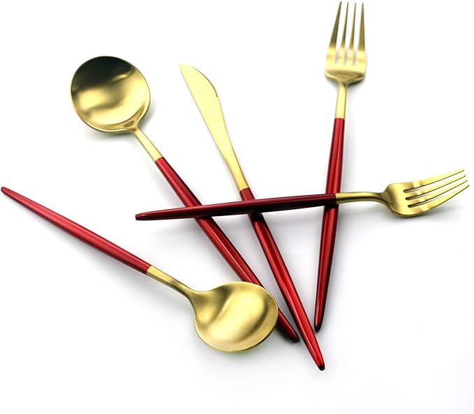 Gugrida 5 Pieces Matte Gold Red Handle 18/10 Stainless Steel Silverware Set, Flatware Set Cutlery Set, Utensils Set for Home Restaurant, Dishwasher Safe (Red Gold)