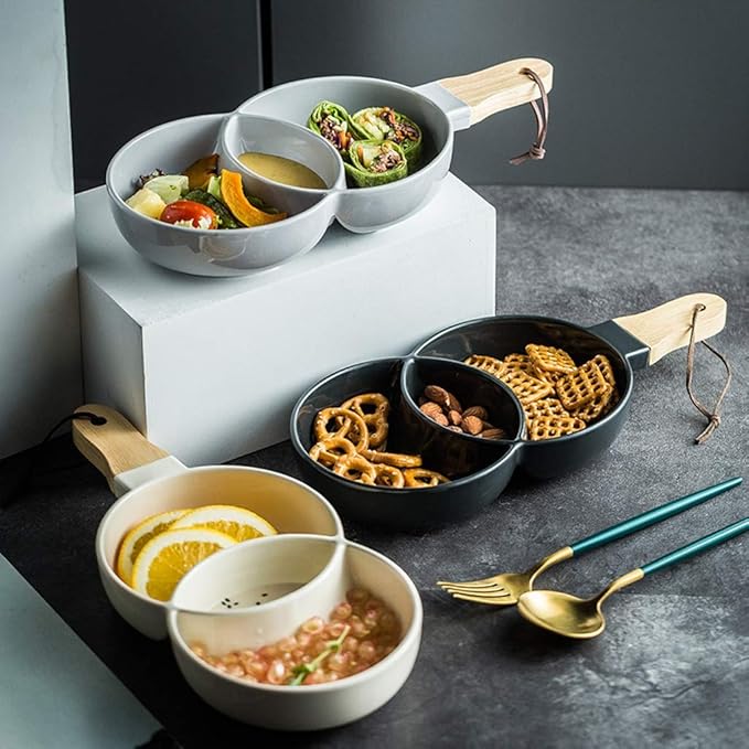 Sauce Dish Ceramic Appetizer Plate, Snack Plate, Seasoning Plate, Tableware, Grid Plate, Salad Plate, Fruit Plate with Handle Dip Bowls