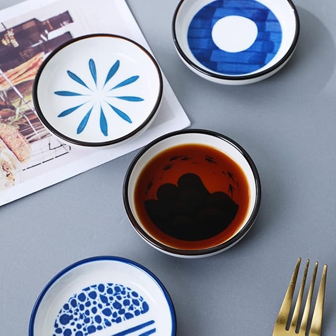 Japanese Retro Ceramic Side Dishes Set of 4, Ceramic Sauce Dipping Bowls Porcelain Side Dish Bowl, 3.54 Inch Mini Seasoning Dish for Ketchup, Sushi, Snack, BBQ and Other Party Supplies