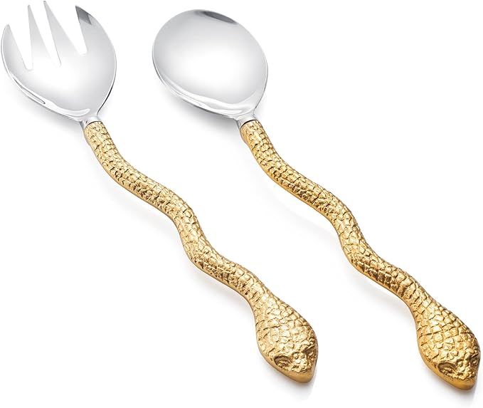 Gold Serpent Snake Salad Servers Brass & Stainless Steel, CNY Year of the Snake, Fork & Spoon Set, Two Tone Ideal for Weddings, Dinner, Elegant Flatware, Housewarming, Stainless Steel Mirror Polished