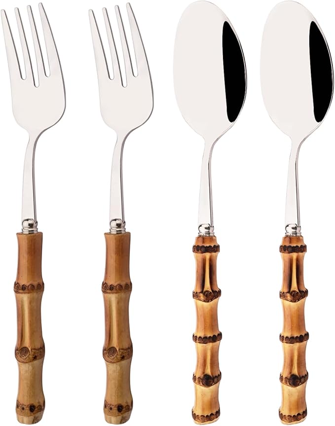 Mirror Polished Silverware Set - Bamboo Handle Cutlery Set - Stainless Steel Flatware Serving Set for Home Restaurant Wedding and Parties - 4 Pieces Serving Utensils