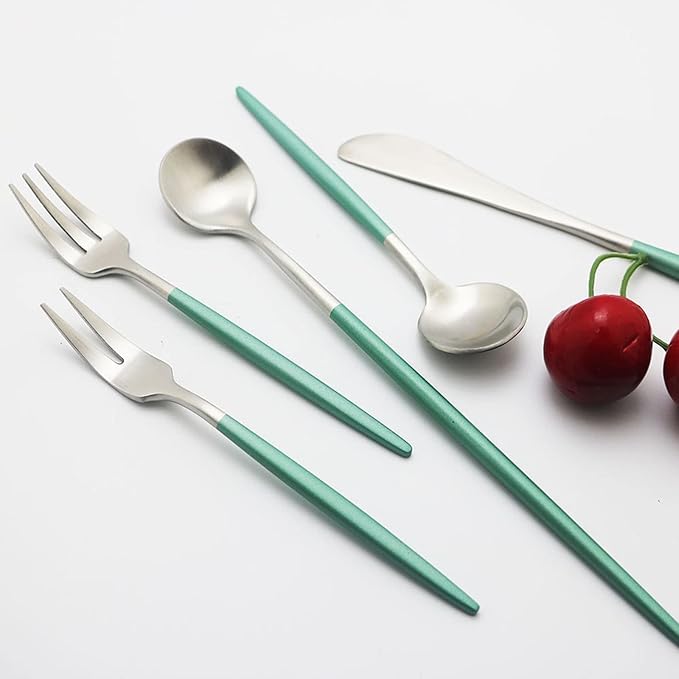 JASHII 6pcs Green&Silver Long Handle Spoon Set, Matte 304 Stainless Steel Mixing, Ice Cream Spoons, Modern Design, Dishwasher Safe - 7.87-inch