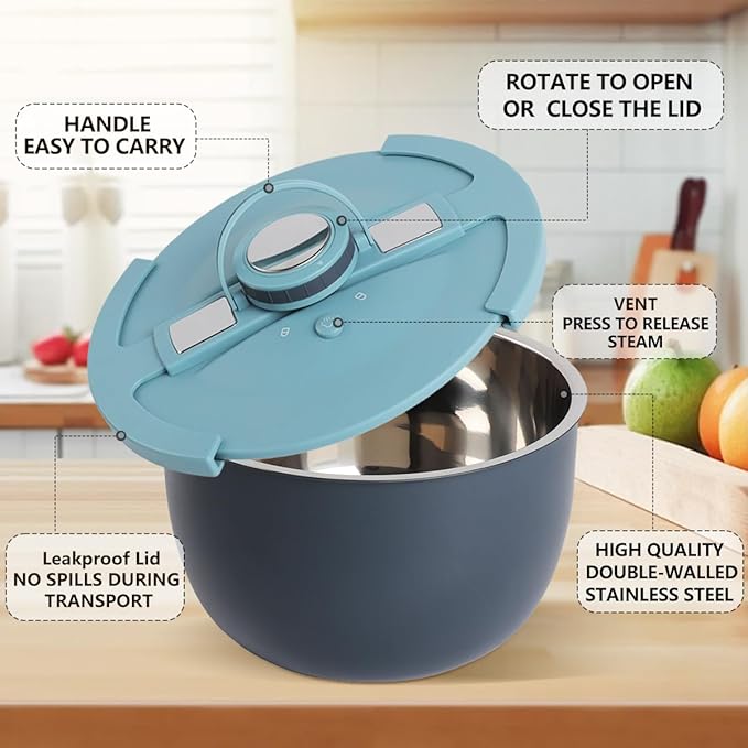 Double-Walled Stainless Steel Insulated Serving Bowl with Leak - Proof Lid - Insulated Casserole Dish - Keeps Food Warm and Cold for Hours - Perfect for Holidays, Parties, Camping (Blue, 2QT)
