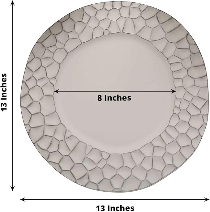 Efavormart 6 Pack | 13" Matte Gray Plastic Hammered Rim Dinner Charger Plates, Decorative Disposable Irregular Round Serving Plates