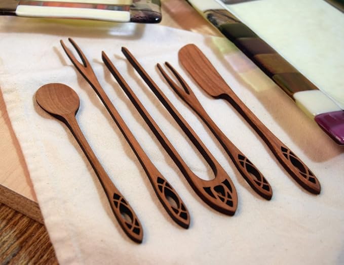 American Made 5-Piece Wild Cherry Wooden Appetizer Serving Set, Cathedral Collection: Olive Fork, Pickle Fork, Spoon, Tongs, Spreader