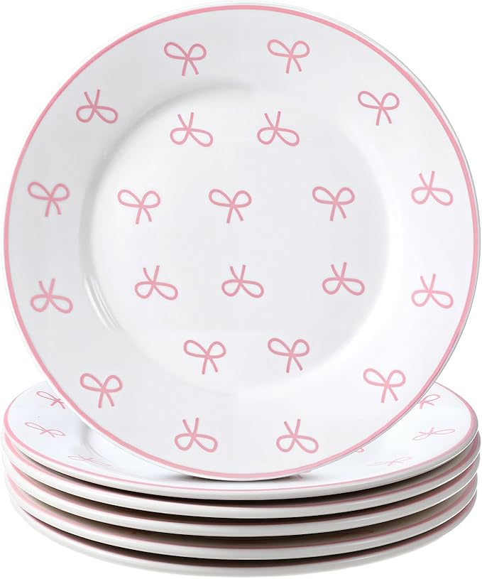 Honeydak 6 Pcs 6 Inch Pink Bow Ceramic Plates Coquette Bachelorette Tableware Decorations Pink Dinner Appetizer Dessert Dishes for Bow Theme Tableware Party Supplies for Birthday Party Table Decor