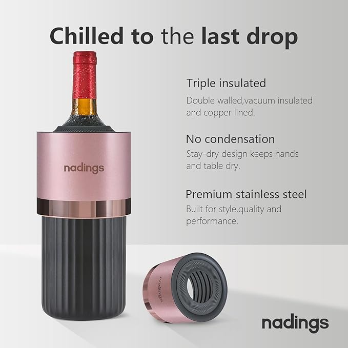 Wine Chiller for 750ml Bottles | Portable & Iceless, Keeps Wine/Champagne/Beer Cold 6+ Hours | Vacuum Insulated Stainless Steel | Ideal for Outdoor, Parties & Gifts – Rose Gold