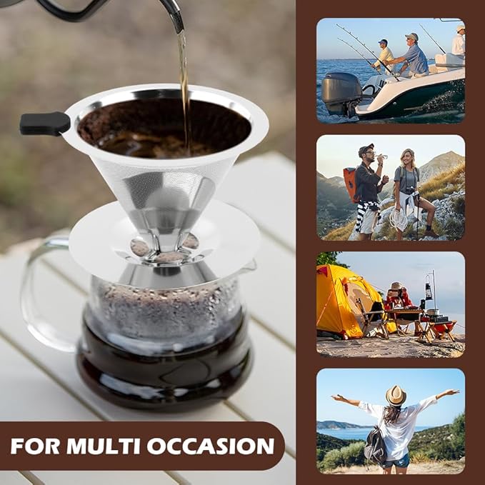 Pour Over Coffee Dripper with Cleaning Brush, Stainless Steel Cone Coffee Filter Fine Mesh Double Layer, Paperless Reusable Coffee Filter, Drip Cone Brew Coffee Strainer(SIZE:Small)