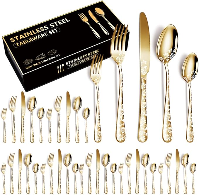 XIAOYU 40 Piece Silverware Set, Stainless Steel Flatware Set, Service for 8, Unique Pattern Design, Includes Dinner Knives/Forks/Spoons, Mirror Polished Cutlery Set, Gold