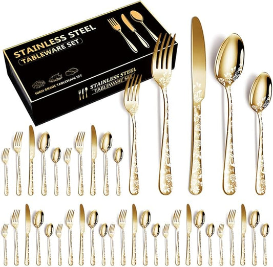 XIAOYU 40 Piece Silverware Set, Stainless Steel Flatware Set, Service for 8, Unique Pattern Design, Includes Dinner Knives/Forks/Spoons, Mirror Polished Cutlery Set, Gold