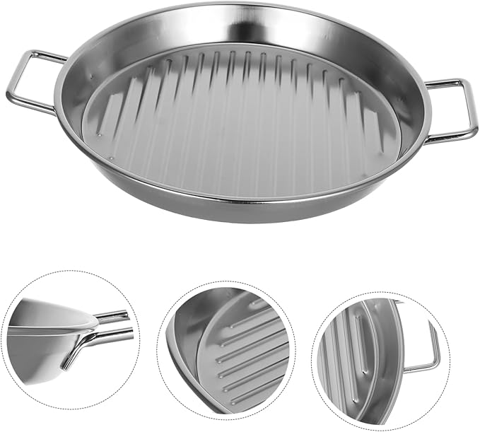 Stainless Steel Round Steak Plate Seafood Serving Tray Elegant Double Ears Design for Family Meals and Outdoor Bbqs and Stylish Silver Finish