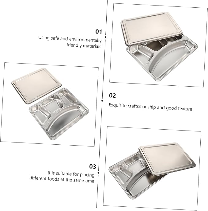 Stainless Steel Deep Compartment Lunch Tray Lid Sturdy Food Divided Plate for Students for School Lunches and Meal Prep