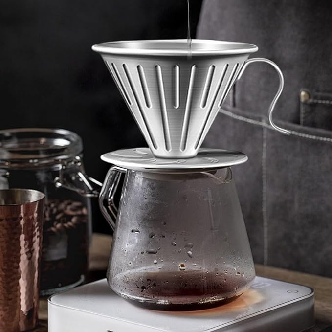 Stainless Steel Coffee Dripper with Holder, 304 Grade Filter Cup for Pour Over Coffee, Versatile Strainer for Home and Camping(S)