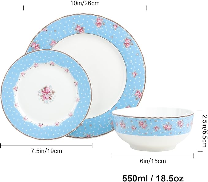 fanquare 12 Piece Blue Floral Dinnerware Set, Vintage Polka Dot Plates Bowls Set, Ceramic Tableware for Home Party, Microwave & Dishwasher Safe