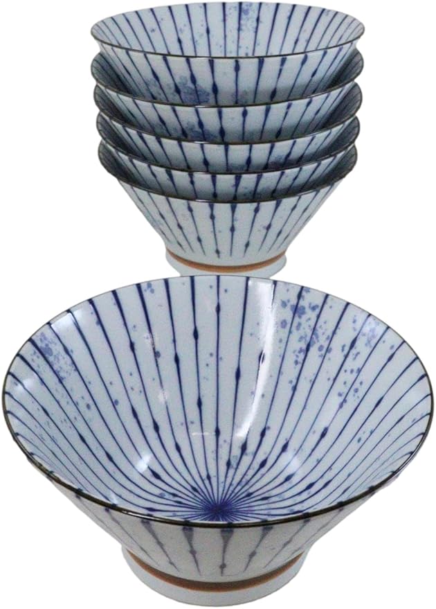 Ebros Gift Artistic Blue Waves Fubuki Tokusa Made In Japan Dinnerware Serveware Kitchenware Set Asian Japanese Restaurant Supply (Pack Of 6 Medium 38oz Ramen Soup Donburi Rice Salad Bowls)