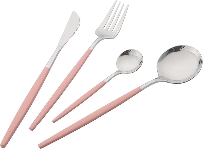 Silverware Set, 24 Pcs Stainless Steel Flatware Cutlery Set, Knives Forks and Spoons Set with Colored Handles, Rust-proof Serving Utensils, Mirror Polished, Service for 6 (Silver+Pink)