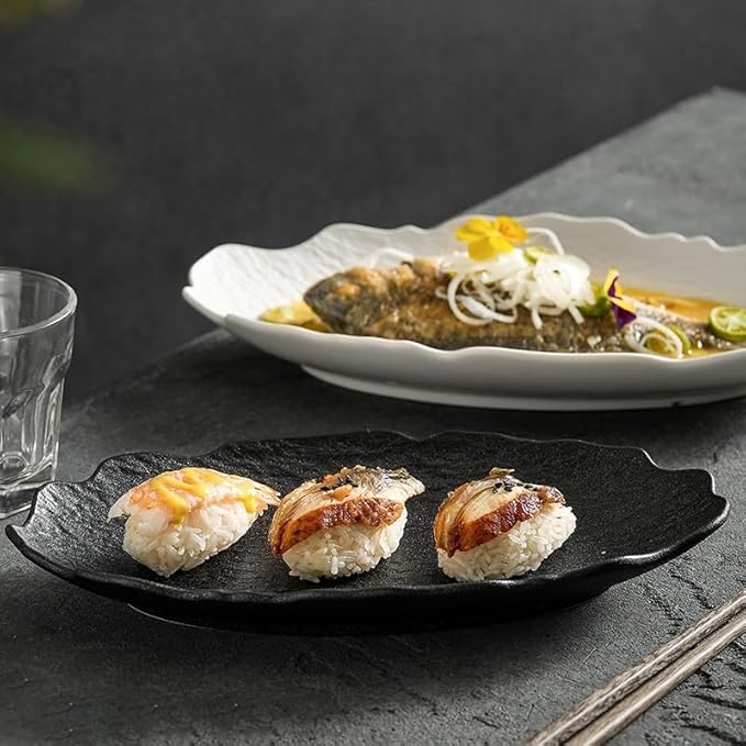 Dessert Plates Creative Stone Fish Plate Tableware Household Steamed Modern Ceramic Simple Dish Dinner Tableware(Black,12inch)
