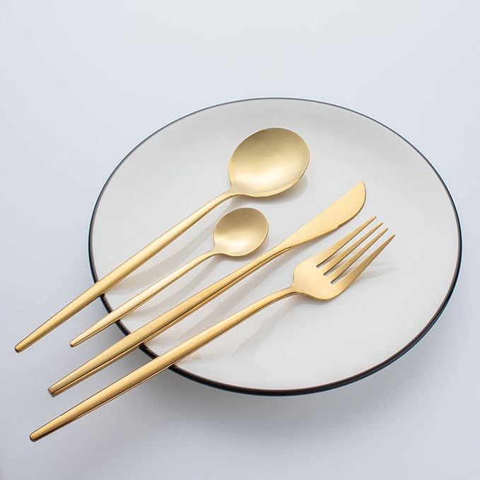 24Pcs Gold Silverware Set, Stainless Steel Flatware Serving Set, Knife Fork Spoon Set for Families, Hotels, Dessert Shops, Wedding Banquets