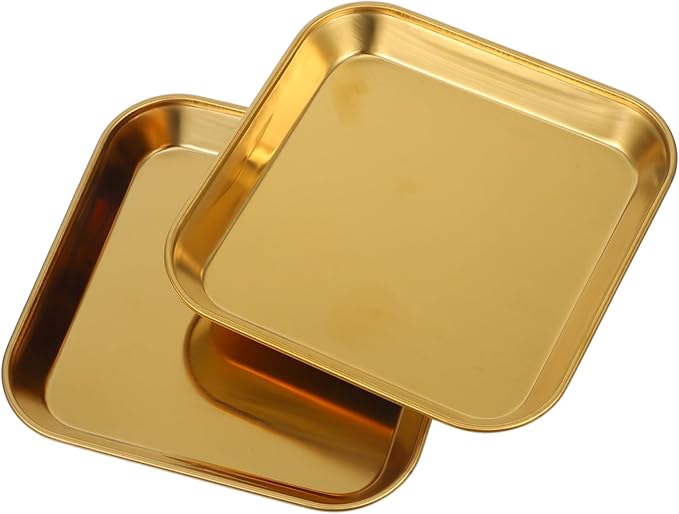 Ciieeo 2pcs Stainless Steel Food Trays Baking Small Square Metal Dinner Plates Gold Serving Tray for Appetizer Cookie