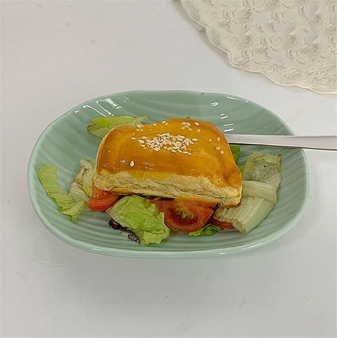Kitchen Plates Mint Green Dinner Plate Striped Ceramic Plate Oval Dinner Plate Appetizer Plate Fruit Snack Salad Plate Deep Plate Restaurant Plates