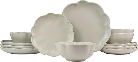 Sango 12 Pieces Scalloped Dinnerware Set, Sage Green Dishes for 4, Premium Serving Plates & Bowls Sets, Chip & Scratch Resistant, Ceramic Dishware, Kitchen Dish, Microwave & Dishwasher Safe, Bethany