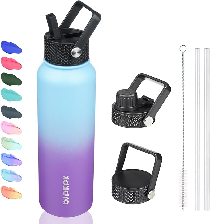 BJPKPK Insulated Water Bottles with Straw Lid, 40oz Stainless Steel Water Bottles with 3 Lids, BPA Free Leakproof Thermo, Tumblers, Cups for Sports, Gym- Ocean Dream