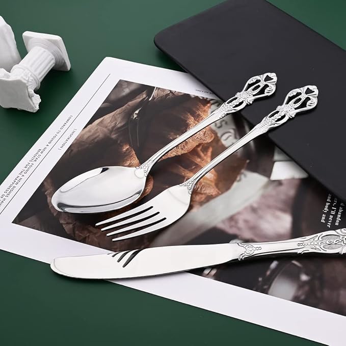 Silver Flatware Set For 4, 20 Pieces 18/0 Stainless Steel Silverware Set, Cutlery Utensils Set Include Knives/Forks/Spoons, Antique Baroque Style & Luxury Mirror Polished