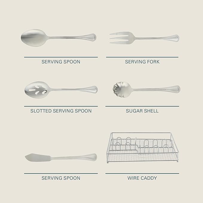 Gibson Home South Bay 65-Piece Stainless Steel Flatware Utensil Set with Wire Caddy – Silverware Service for 12 Plus Hostess Serving Pieces