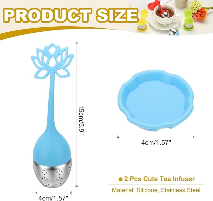 uxcell 2 Pcs Lotus Tea Infuser, Stainless Steel Loose Leaf Tea Steeper Filter with Silicone Handle Reusable Coarse Pores Mesh Strainer Diffuser for Teacups Teapots Mugs, Blue