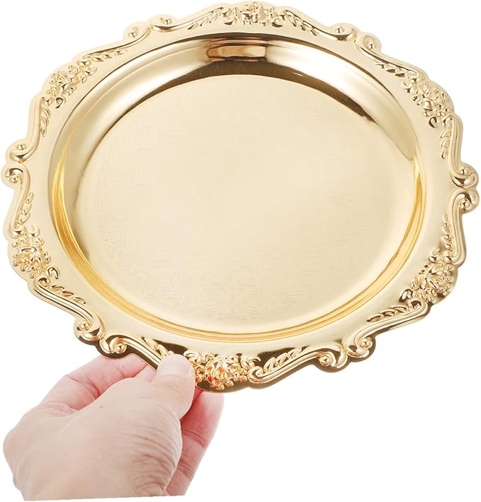 VICASKY 8 Inch Silver Metal Serving Tray - Elegant Platter for Food, Snacks, Jewelry Display & Home Decor, Vintage Style Dessert Tray with Handles (Gold, Heavy Duty)