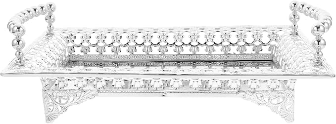 Luxshiny Silver Metal Fruit Tray with Glass Base, Nordic Style Beaded Handle Decorative Snack and Dessert Serving Plate for Home, Hotel, and Party Use